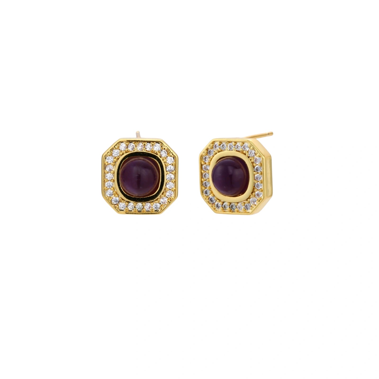 Gold-plated octagonal stud earrings with burgundy liuli centers and cubic zirconia halos on white background