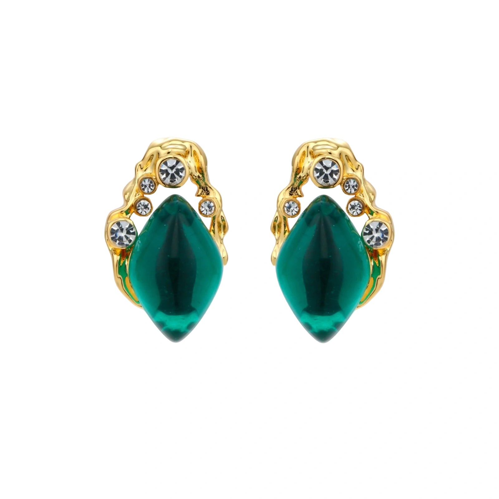 Gold-plated stud earrings featuring teardrop emerald green liuli stones with cubic zirconia crystal accents on white background.