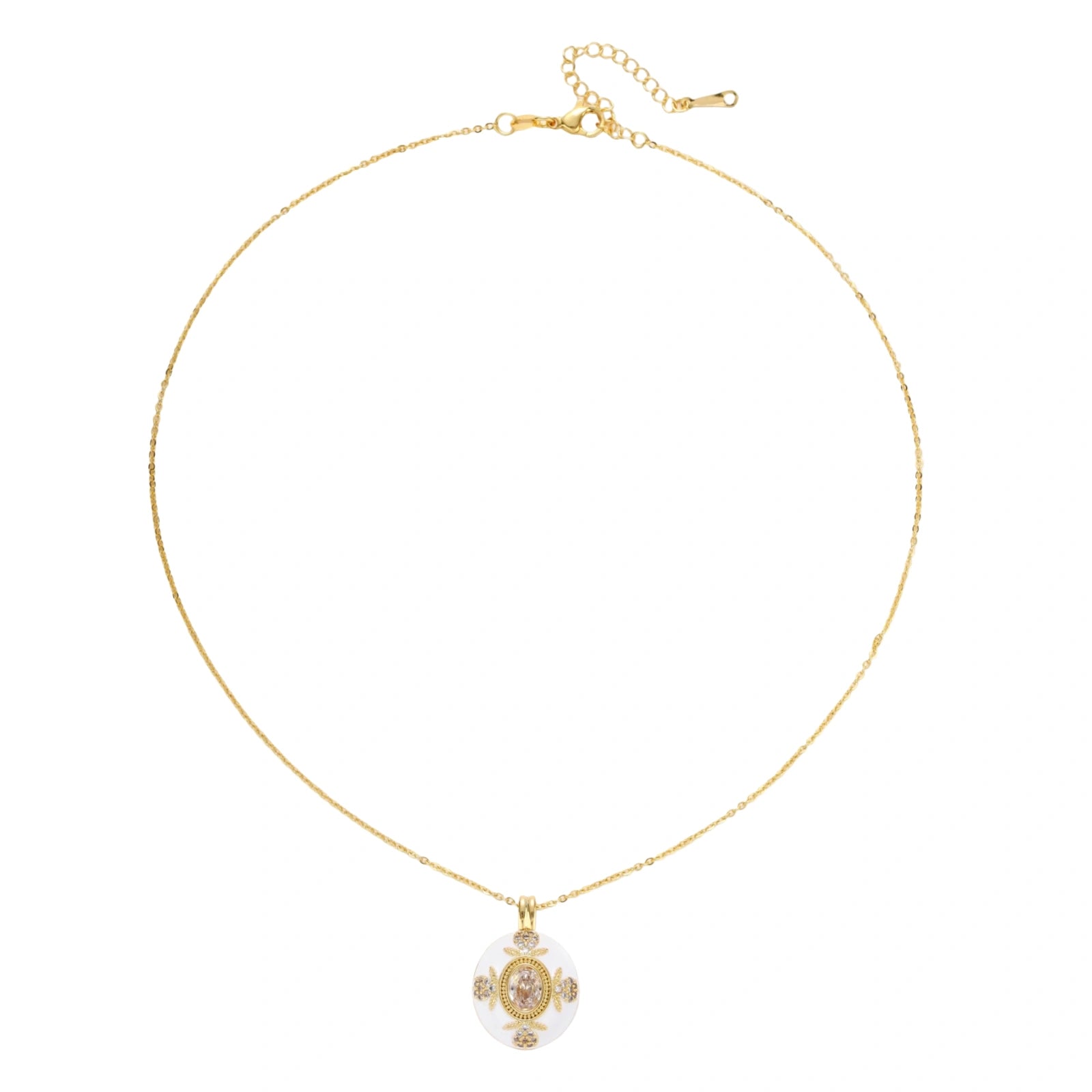Gold-plated necklace with circular white enamel pendant featuring central zirconia stone and ornate decorative details