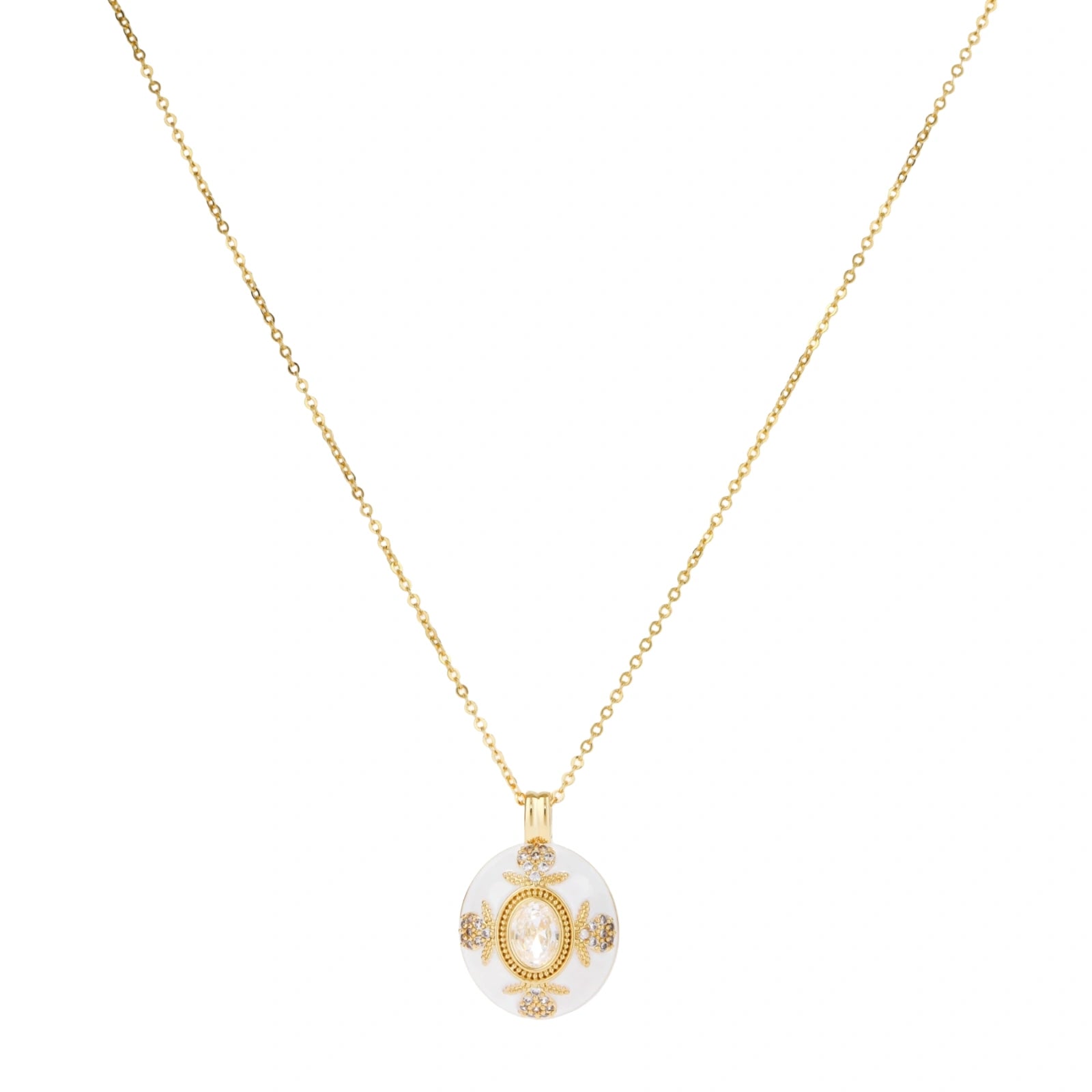 Gold-plated necklace with circular white enamel pendant featuring central zirconia stone and ornate decorative details