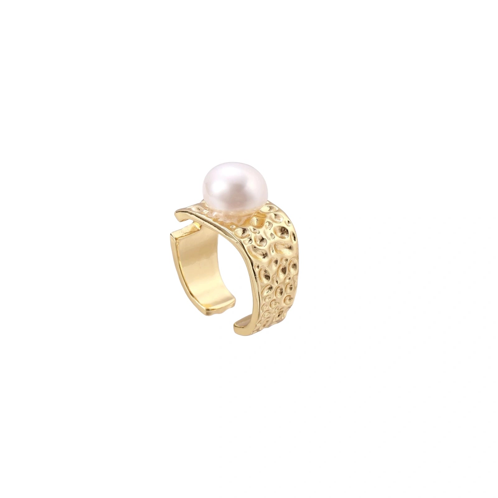Wide gold-plated ring with organic textured band and white freshwater pearl centerpiece
