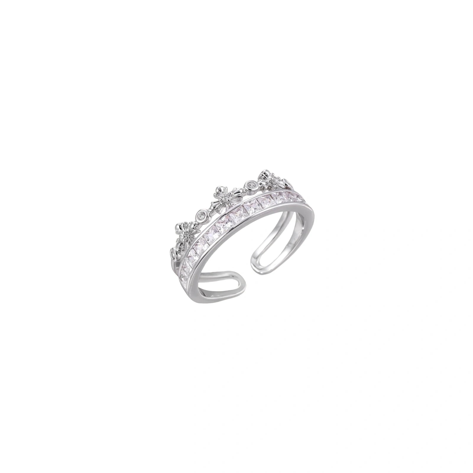 Silver-toned adjustable crown ring with channel-set square zirconia stones and delicate floral details on white background