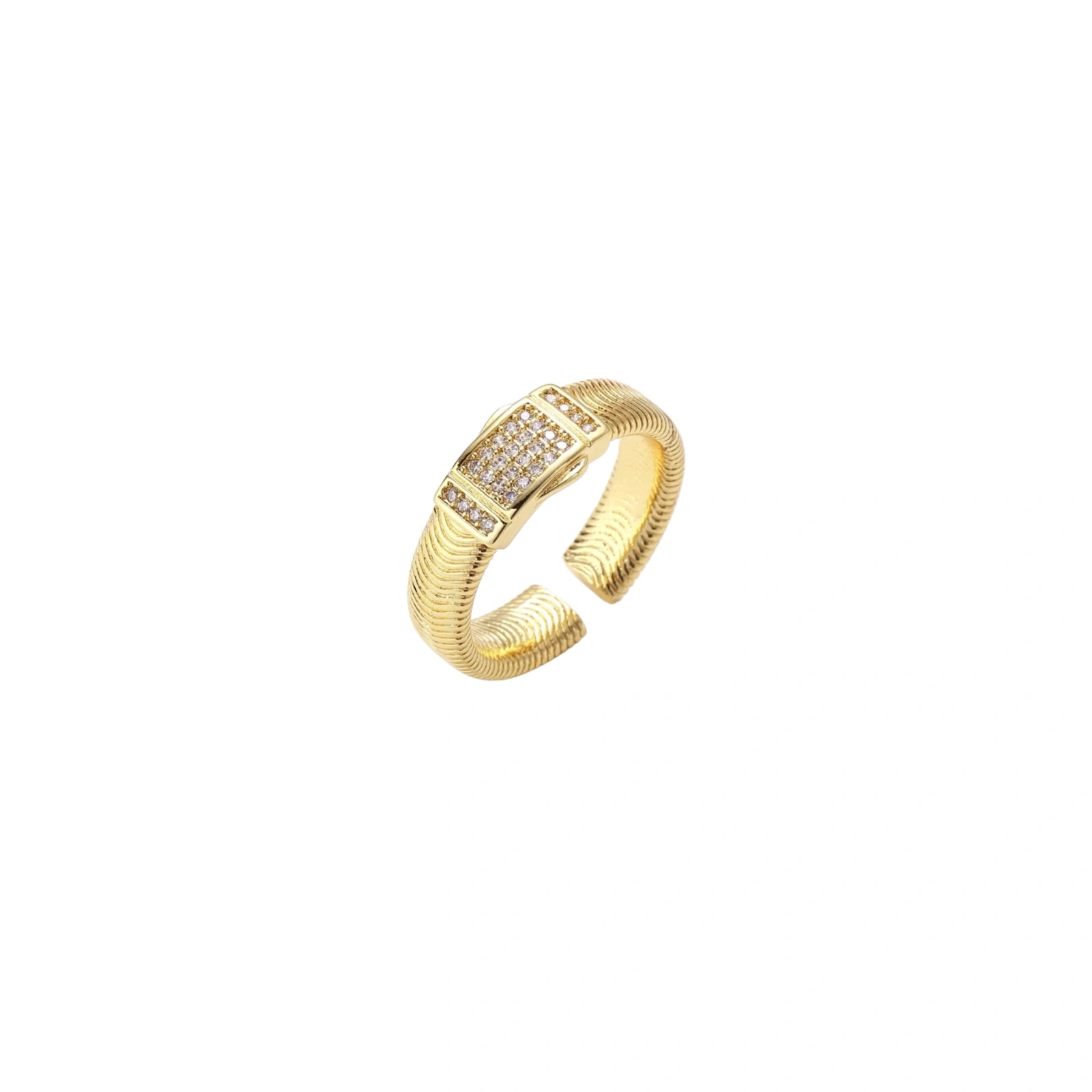 Gold-plated adjustable ring with ribbed band and rectangular pavé cubic zirconia panel on white background.