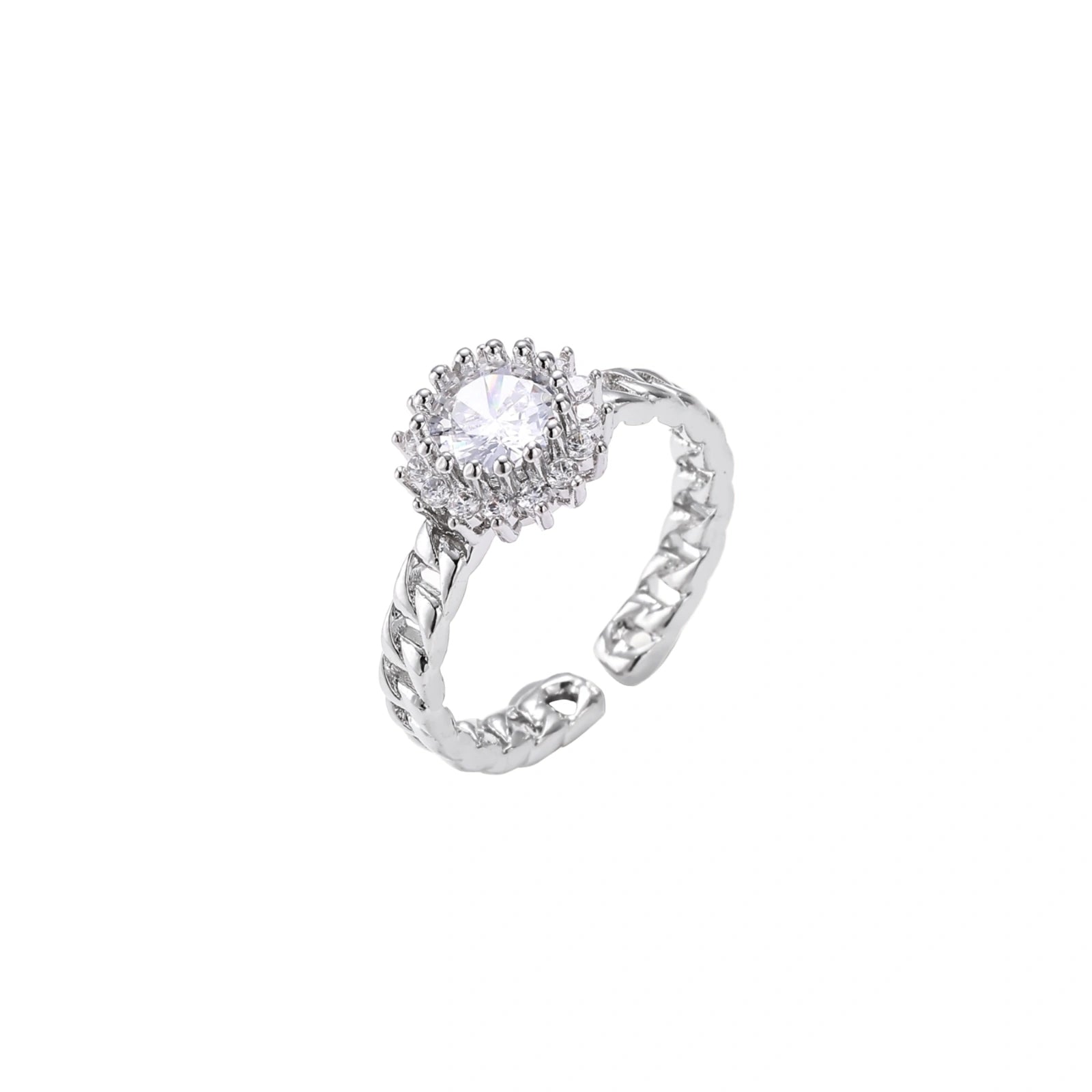 Two adjustable white gold plated rings with chain-link bands, featuring cubic zirconia halo and enamel details