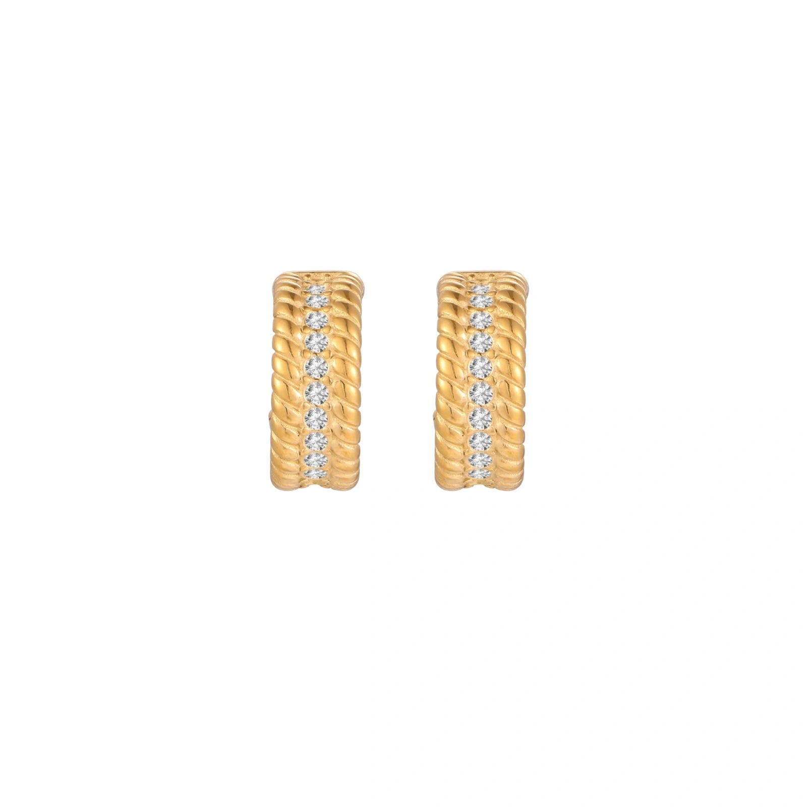 Textured gold huggie hoop earrings with raised ribbed rows creating dimensional sculptural design on cream background