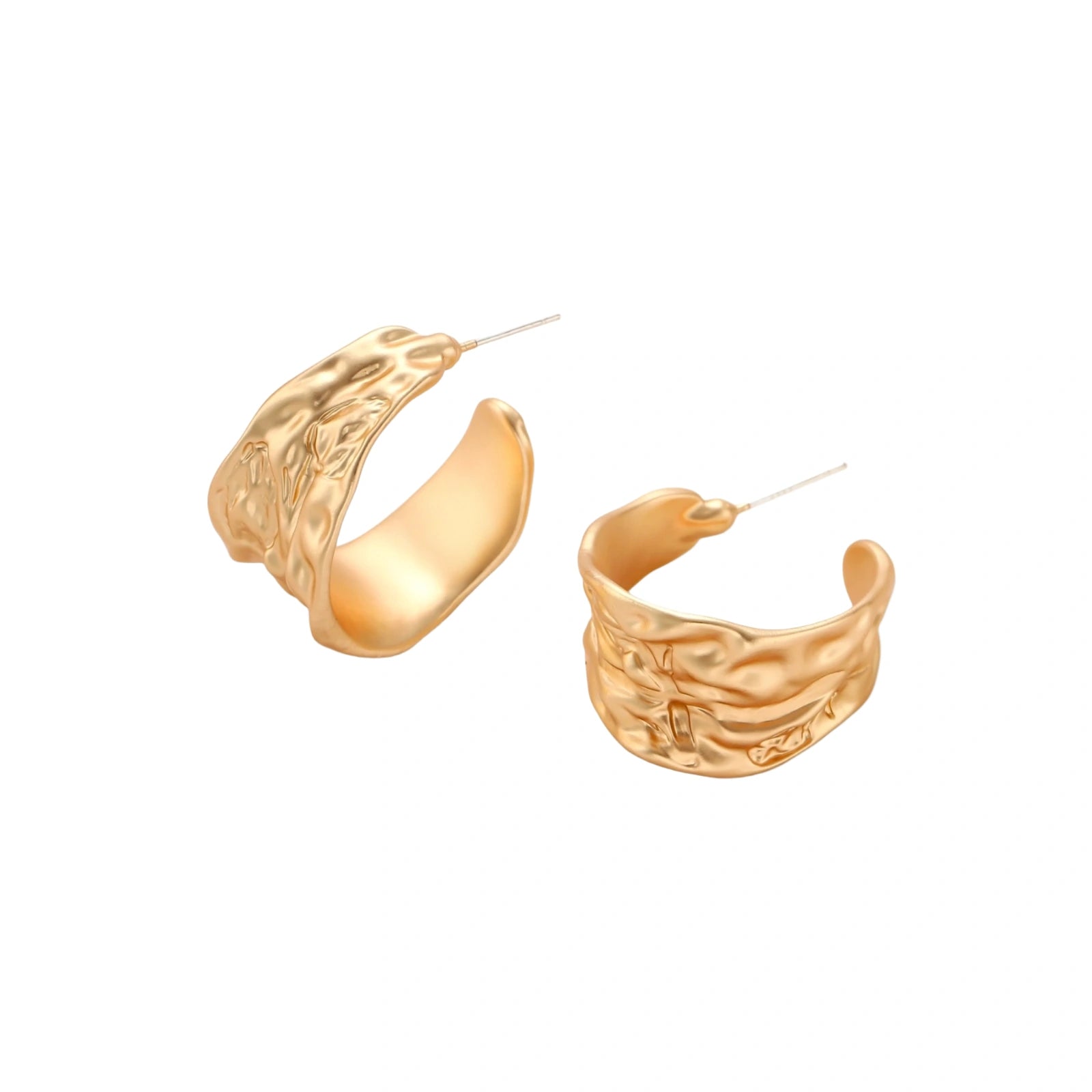 Close-up of textured hoop earrings with liquid metal ripple pattern in eco-zinc alloy with sterling silver posts.