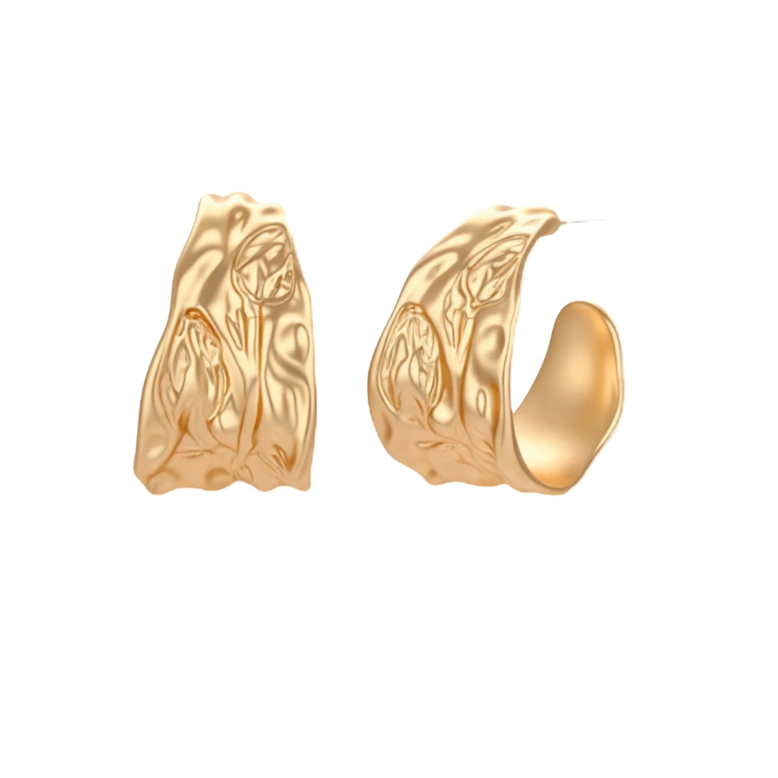 Close-up of textured hoop earrings with liquid metal ripple pattern in eco-zinc alloy with sterling silver posts.