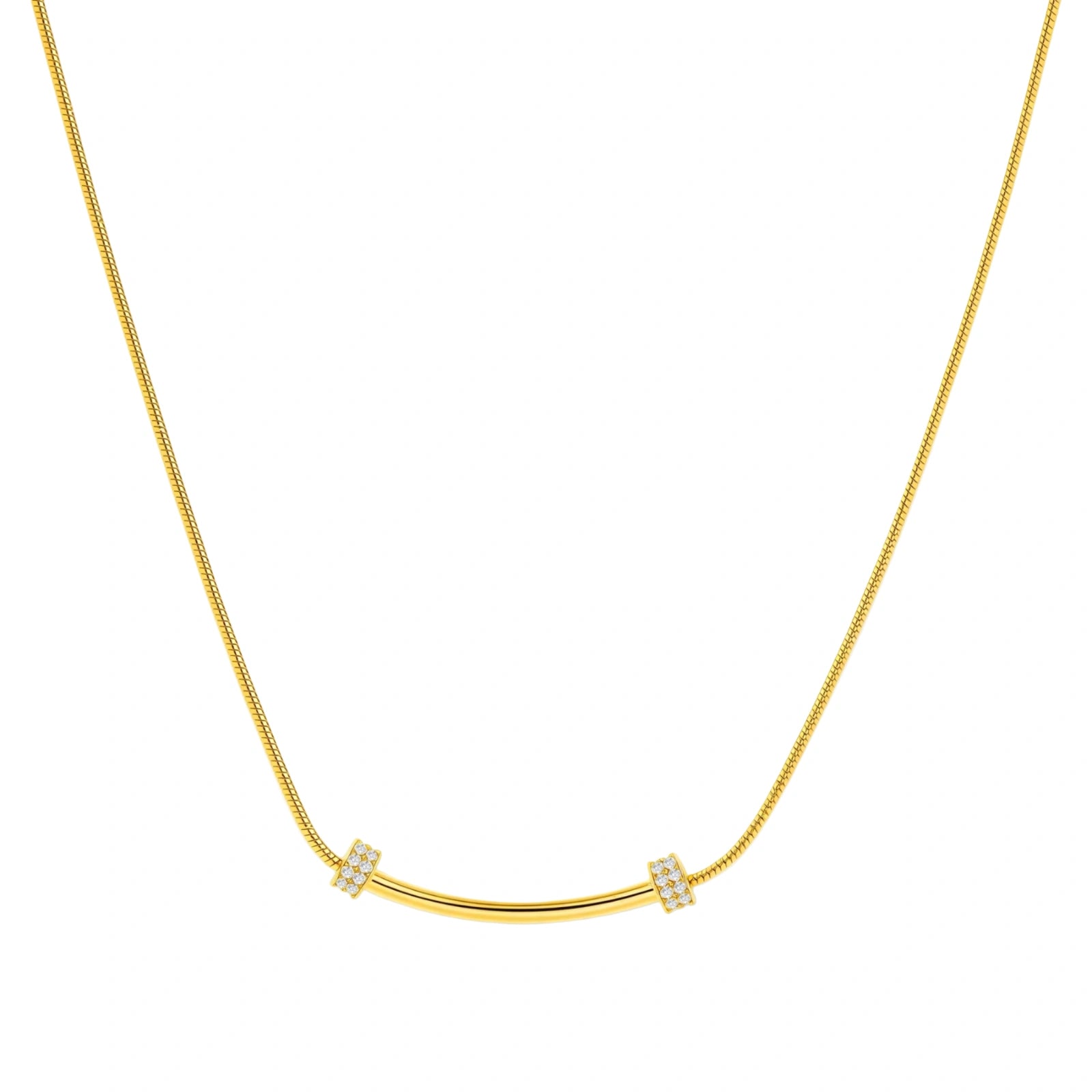Delicate gold-plated necklace with curved bar pendant and crystal accents on snake chain against cream background.