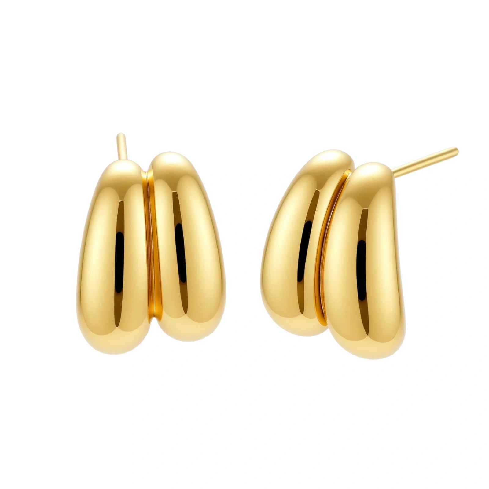 Chunky 18K gold-plated sterling silver hoop earrings with flowing sculptural curves on white background.