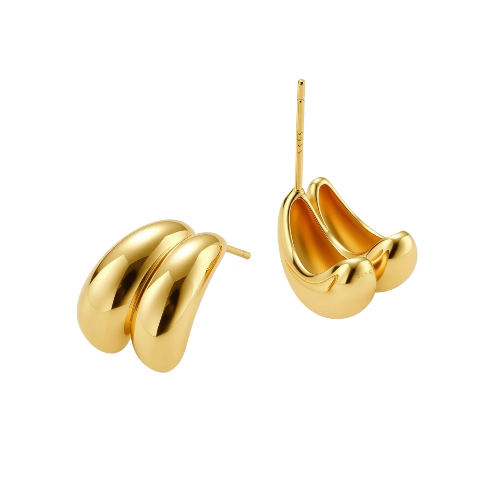 Chunky 18K gold-plated sterling silver hoop earrings with flowing sculptural curves on white background.