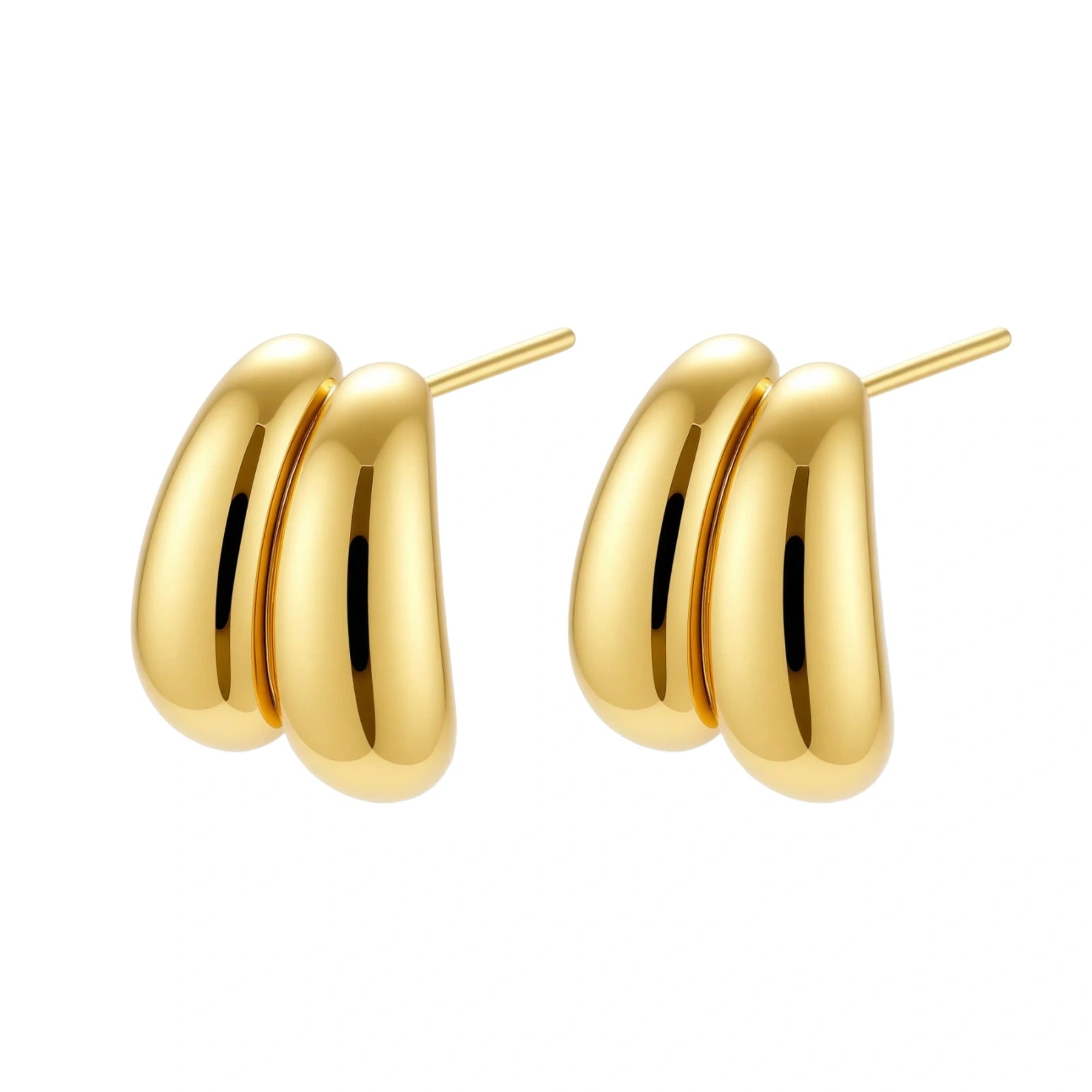 Chunky 18K gold-plated sterling silver hoop earrings with flowing sculptural curves on white background.
