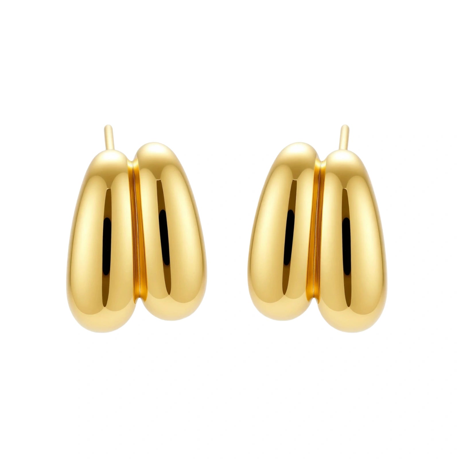 Chunky 18K gold-plated sterling silver hoop earrings with flowing sculptural curves on white background.