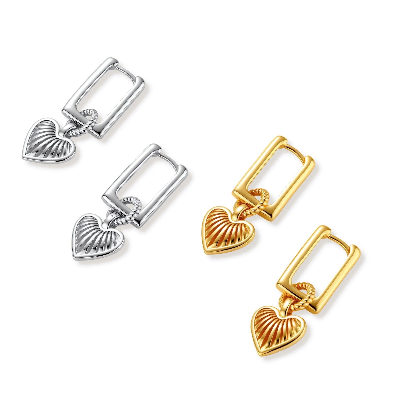Gold-plated huggie earrings with textured heart charms featuring radiating sunburst patterns on white background.