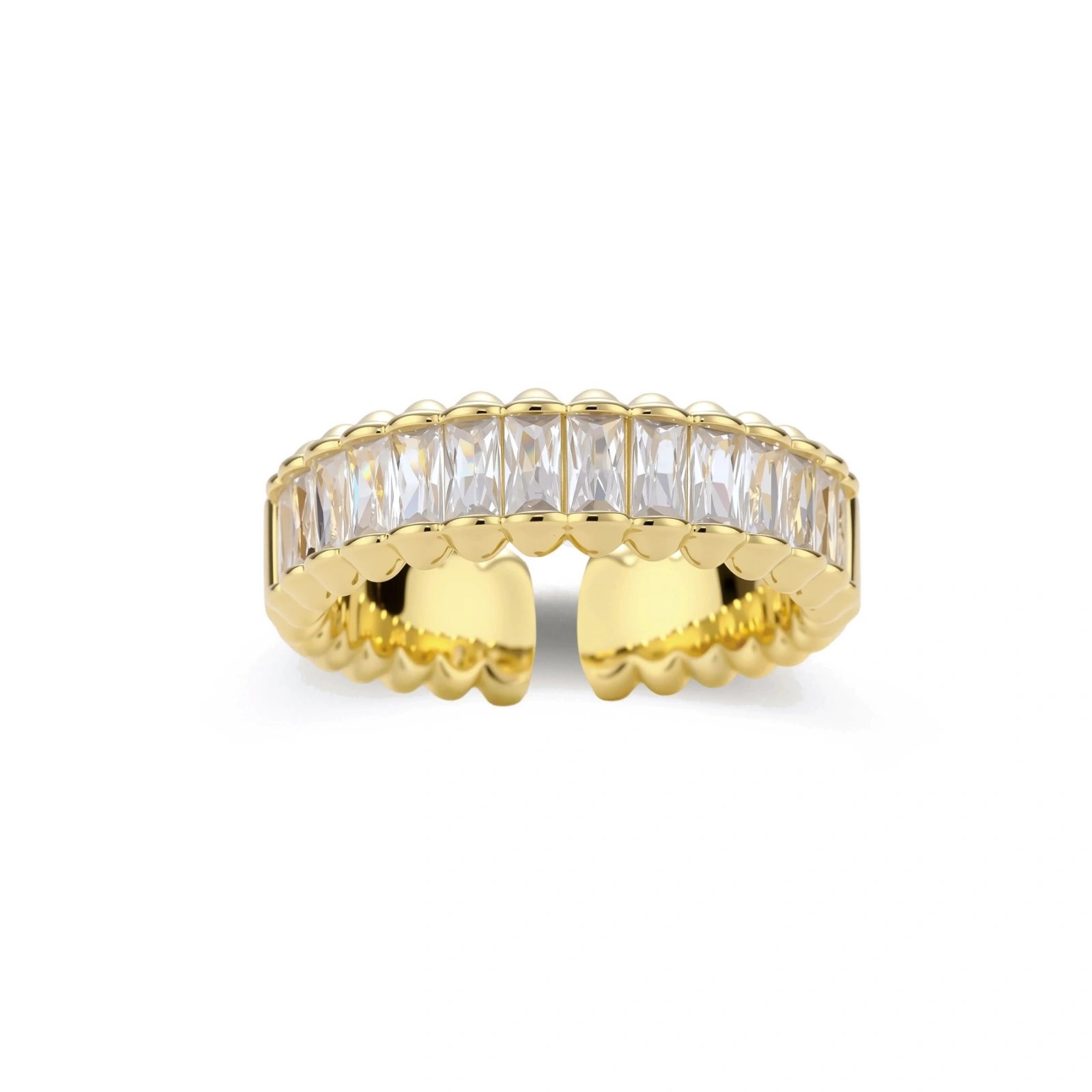 Adjustable gold-plated ring with rectangular cubic zirconia stones in eternity band style on neutral background.