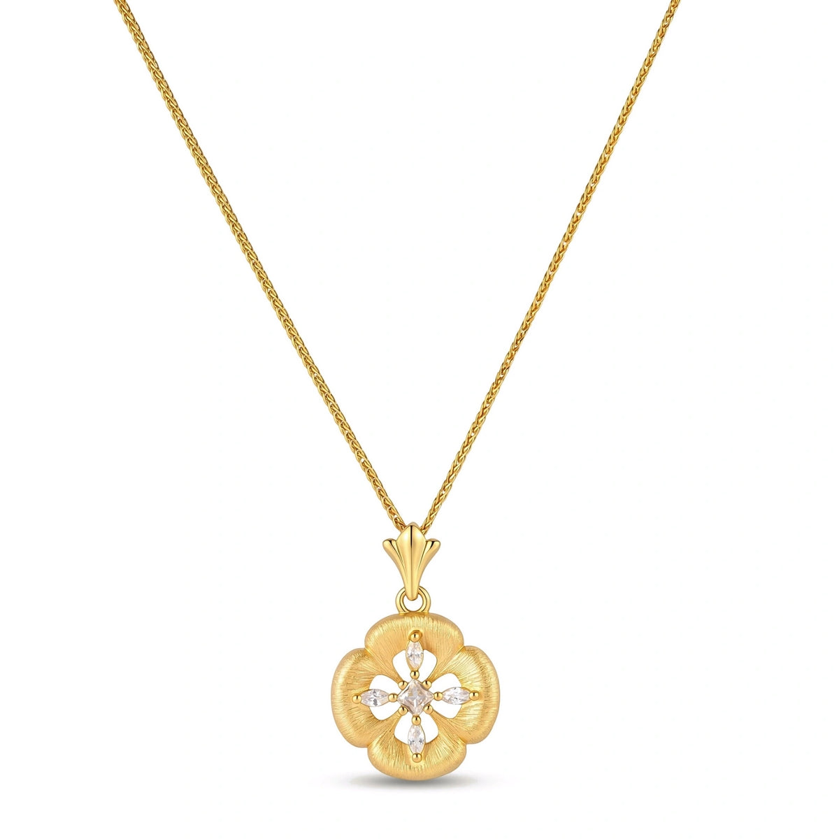 Gold-plated flower pendant necklace with brushed finish, open-work center, marquise CZ stones on wheat chain, S925 stamp.
