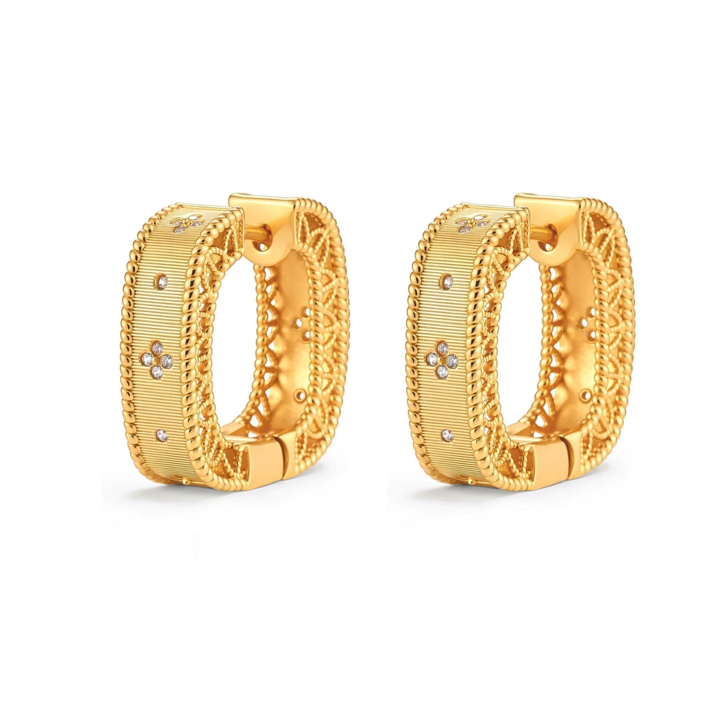 Square huggie hoop earrings in 18K gold-plated silver with ribbed texture, rope borders, floral CZ clusters, and filigree inner lace.