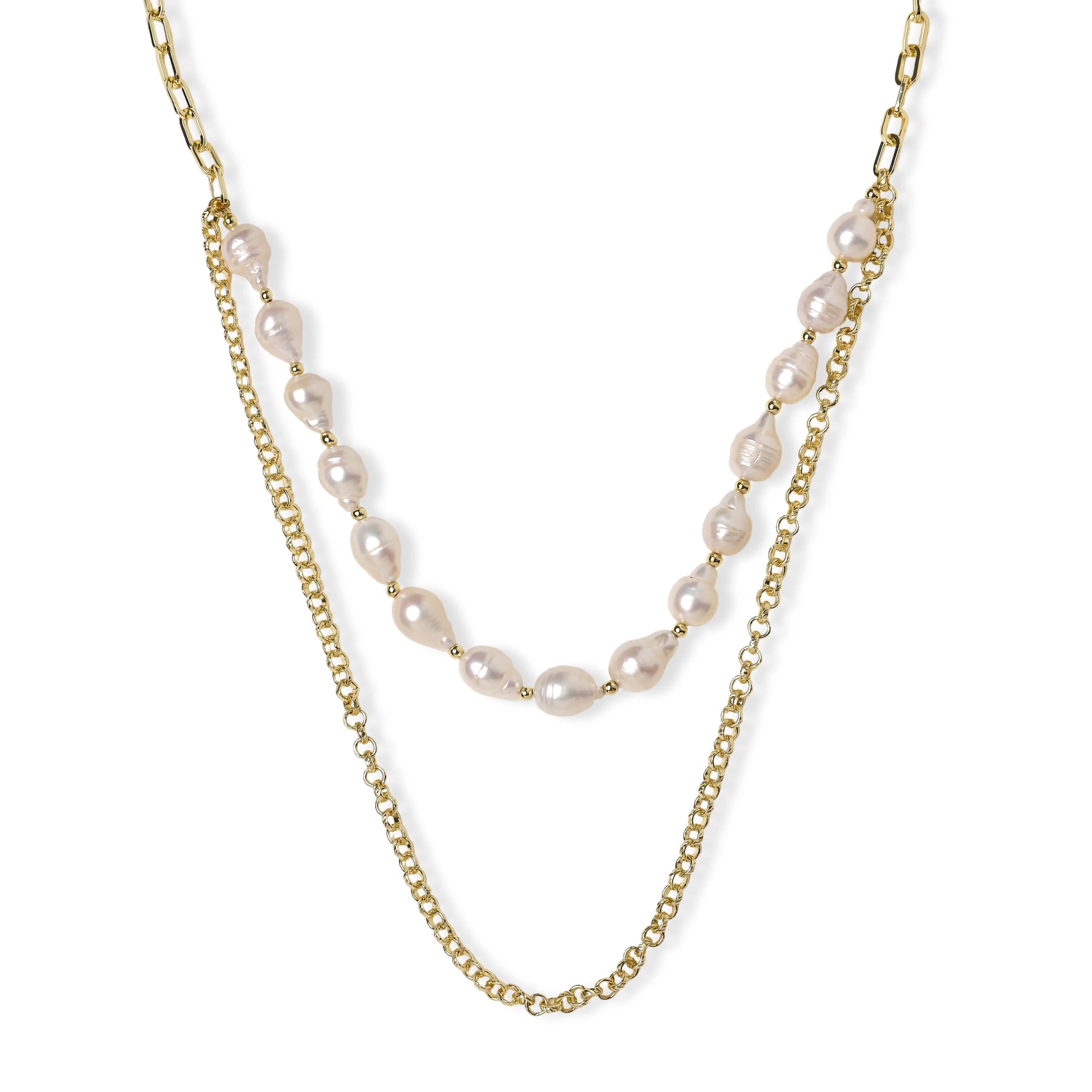 Layered gold chain necklace with organic baroque freshwater pearls and adjustable length on cream background
