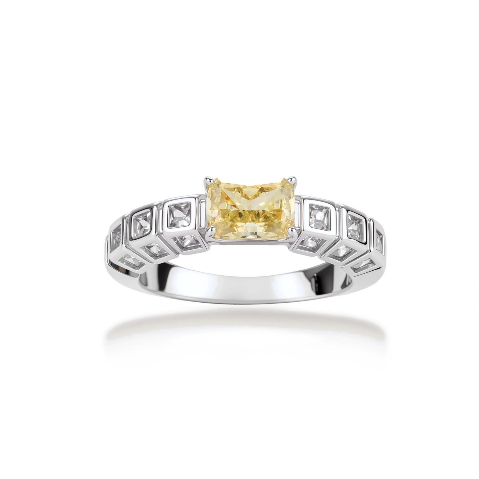 Adjustable ring with emerald-cut yellow zirconia center and clear accent stones in geometric platinum-plated setting