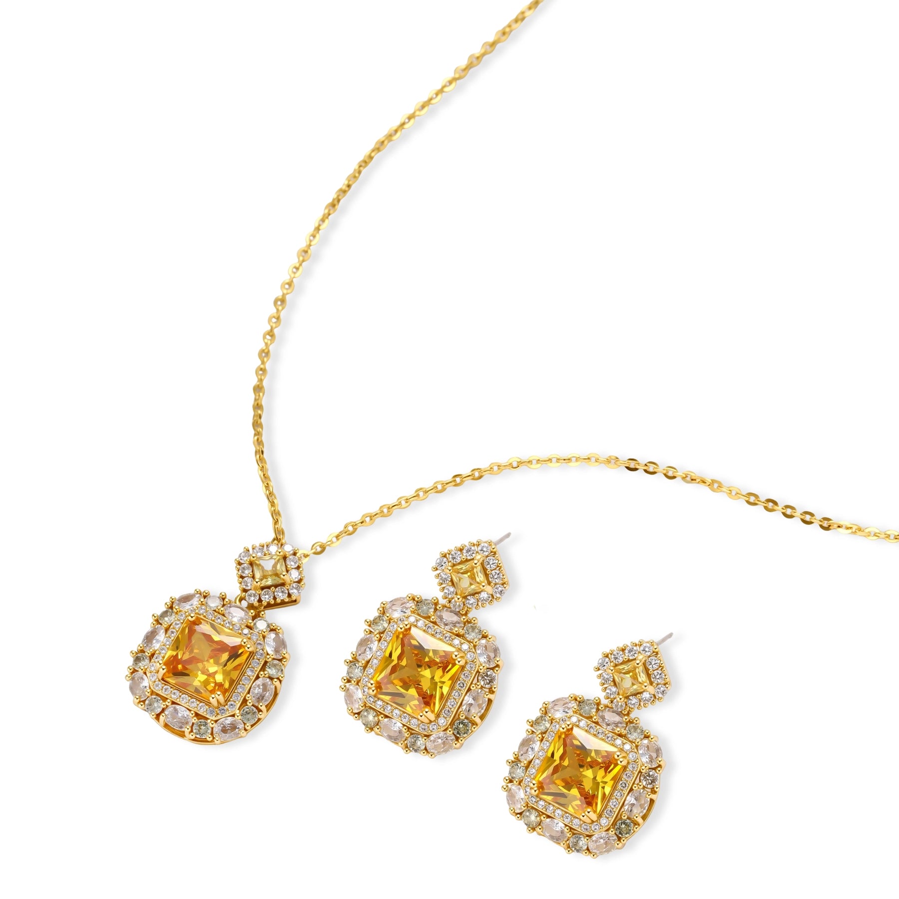 14K gold-plated jewelry set featuring square-cut cubic zirconia stones in ornate layered settings on white background.